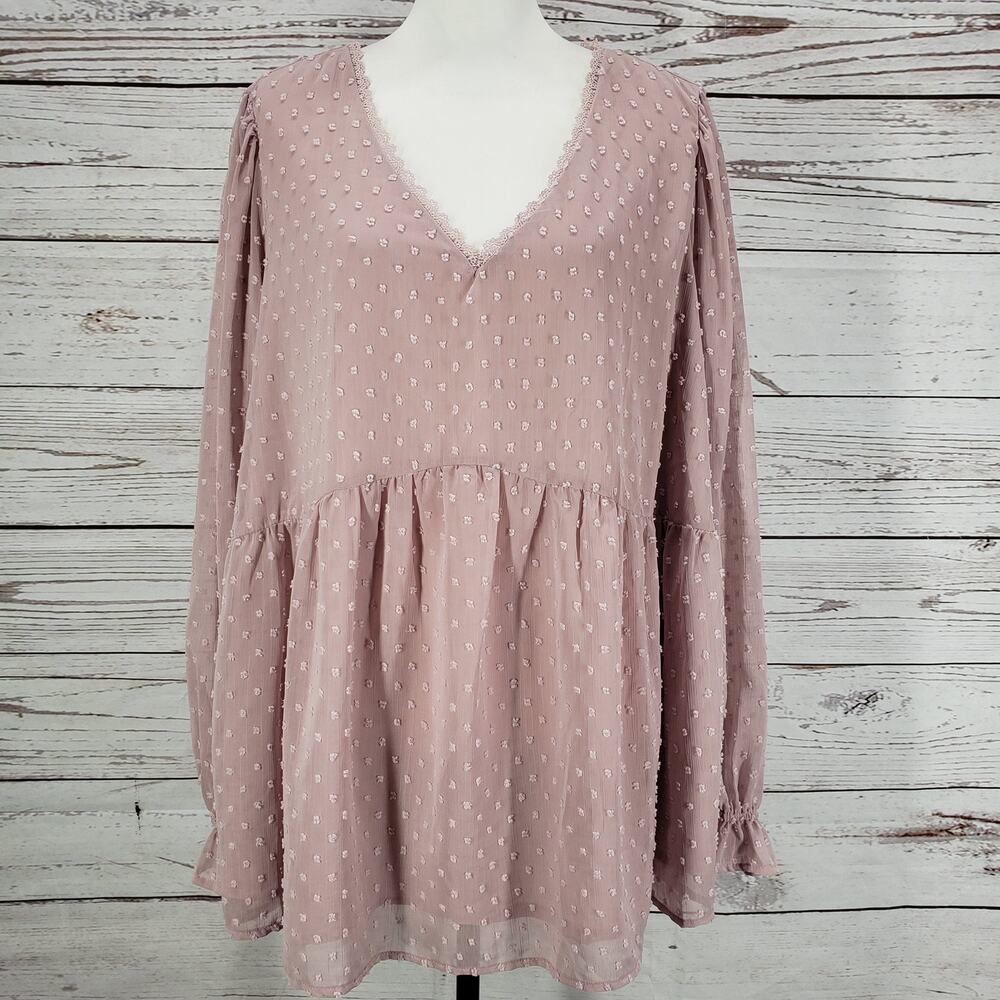 Andree by Unit Women's Dusty Pink V- Ruffled Neck Swiss Dot Top Size 3X